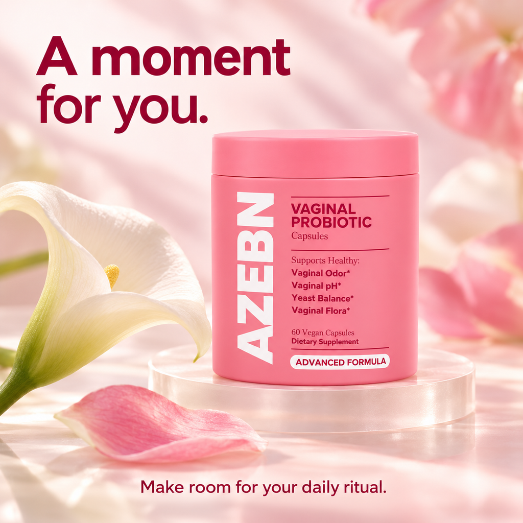AZEBN women's probiotic jar on a clear display with decorative flowers
