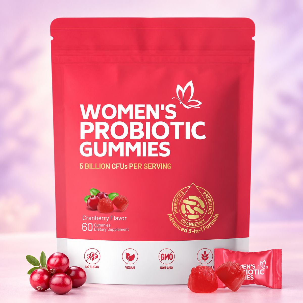 Women's Probiotic Gummies – Cranberry, 60 Count — pastel studio photo