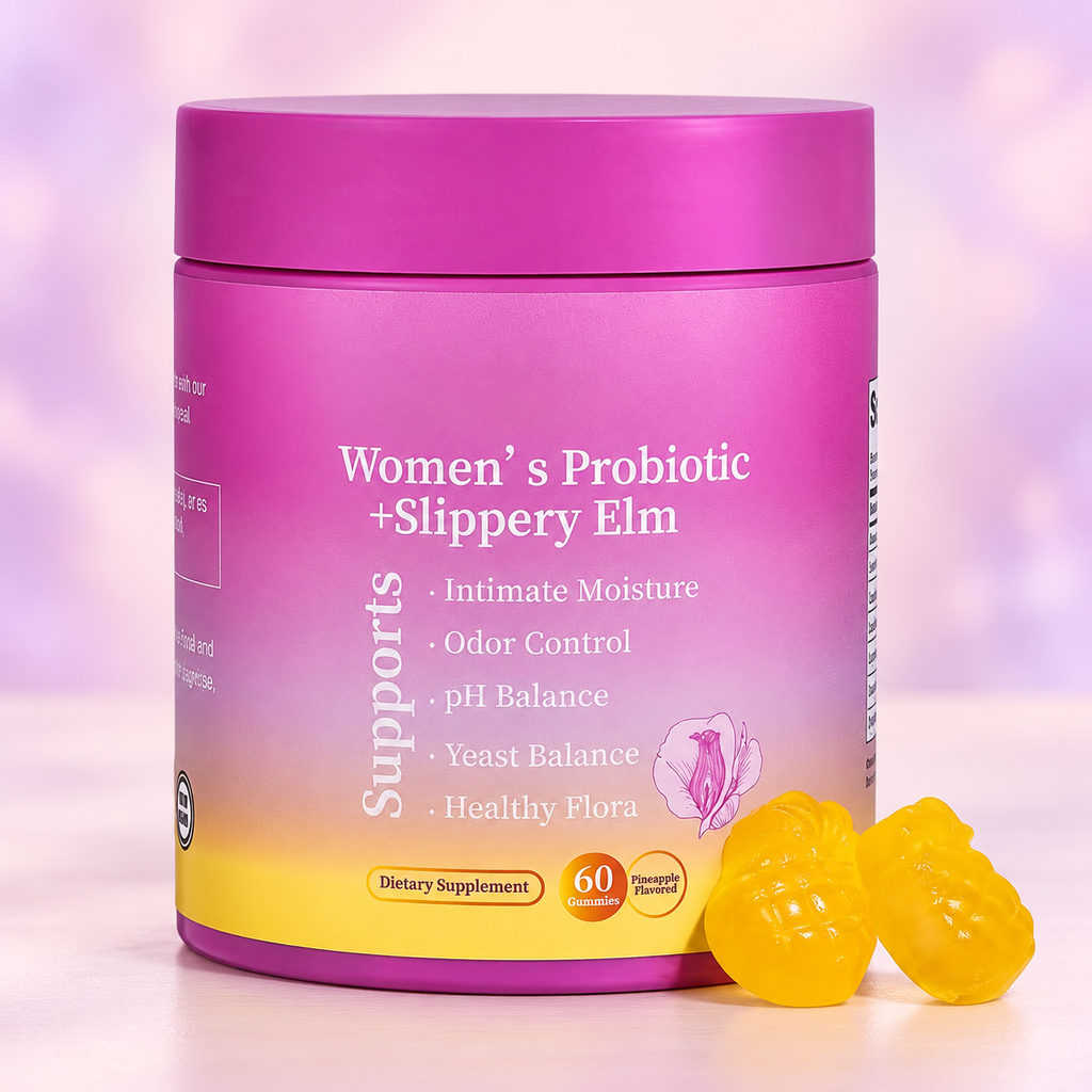 Women's Probiotic + Slippery Elm Gummies – Pineapple, 60 Count (Purple Jar) — pastel studio photo