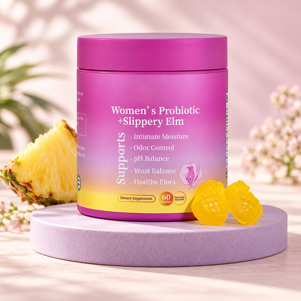 Women's Probiotic + Slippery Elm Gummies – Pineapple, 60 Count (Purple Jar) — lifestyle photo