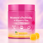Women's Probiotic + Slippery Elm Gummies – Pineapple, 60 Count (Pink Jar) — pastel studio photo